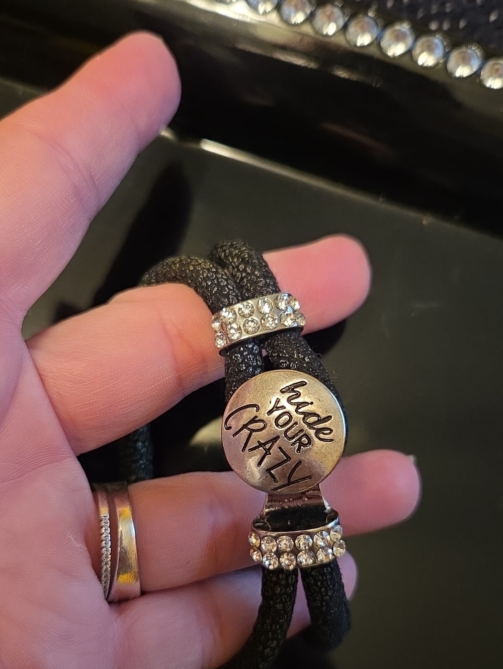 Stingray-Texture Black Womens Bracelet with Crystal Accents EUC